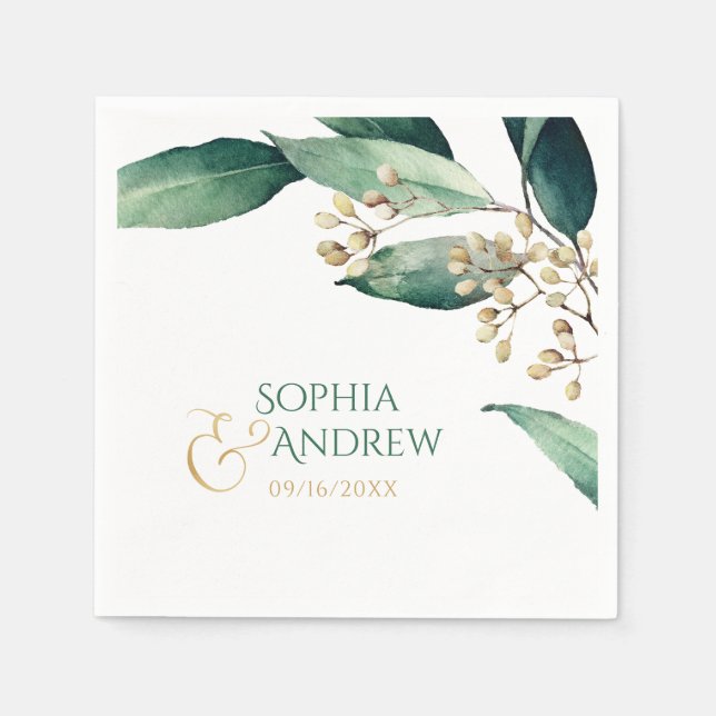 Modern painted botanical greenery rustic wedding napkins (Front)
