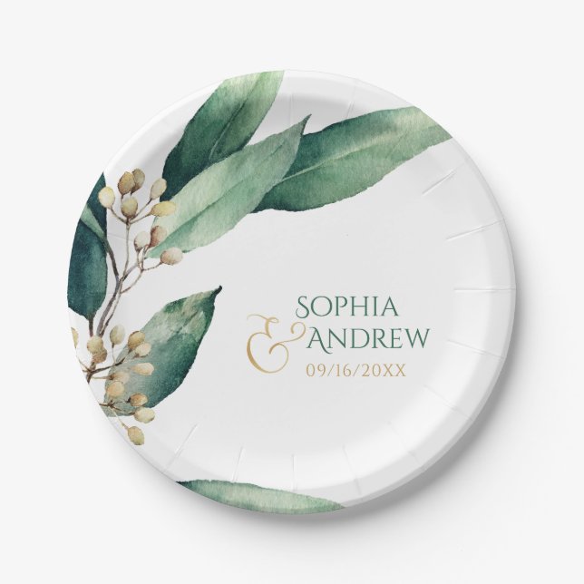 Modern painted botanical greenery rustic wedding paper plates (Front)