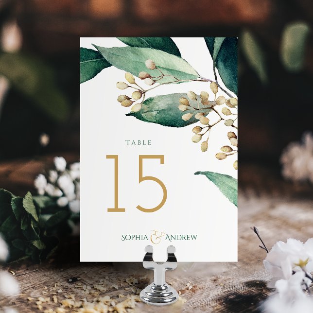 Modern painted botanical greenery rustic wedding table number (Modern painted botanical greenery rustic wedding table number card)