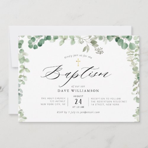 modern painted eucalyptus elegant frame baptism invitation