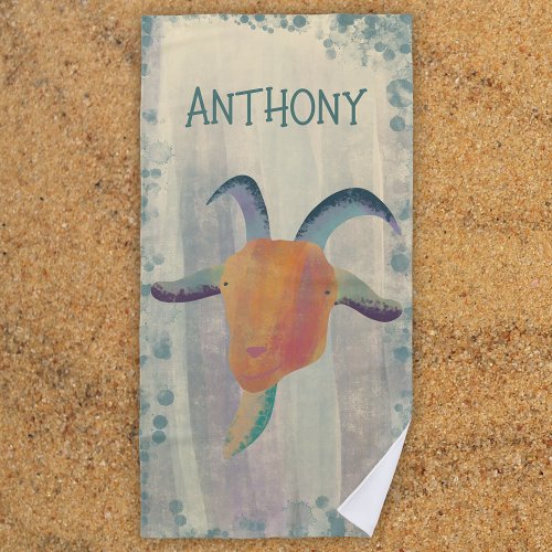 Modern Painted Goat Illustration Personalized Beach Towel