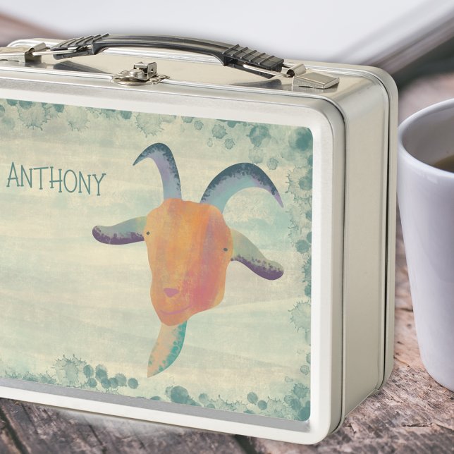 Modern Painted Goat Illustration Personalized Metal Lunch Box (Creator Uploaded)