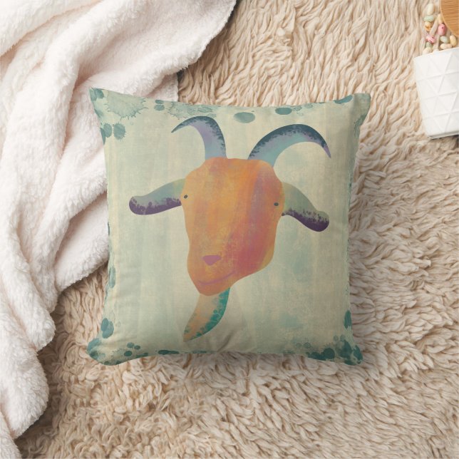 Modern Painted Goat Illustration Throw Pillow (Blanket)