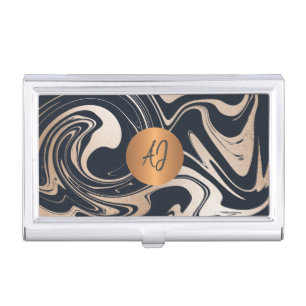 Modern painted marble rose gold copper monogrammed business card case