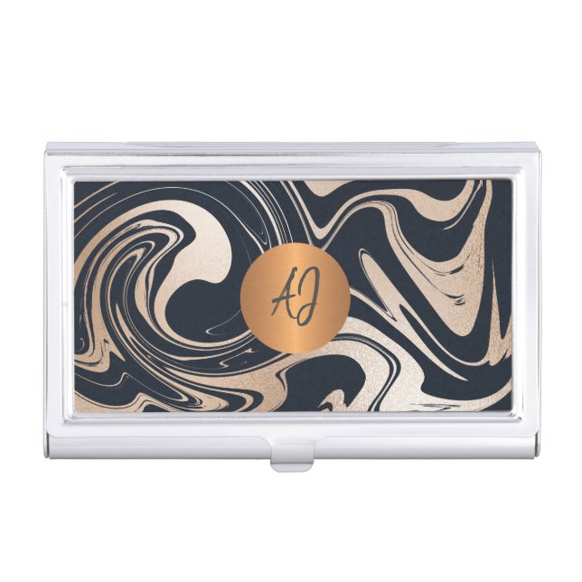 Modern painted marble rose gold copper monogrammed business card case (Front)