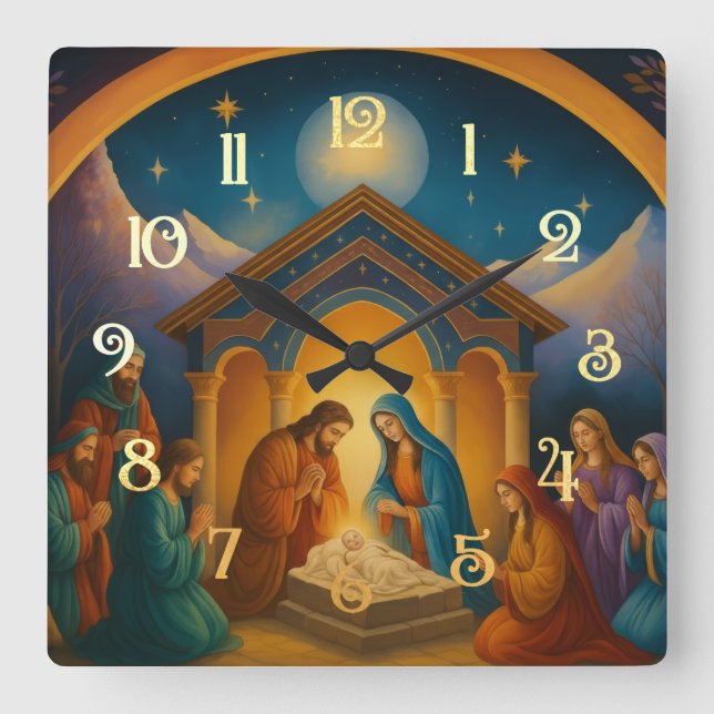 Modern Painted Nativity Scene Square Wall Clock (Front)