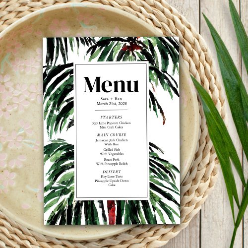 Modern Painted Palm Trees Beach Wedding Menu