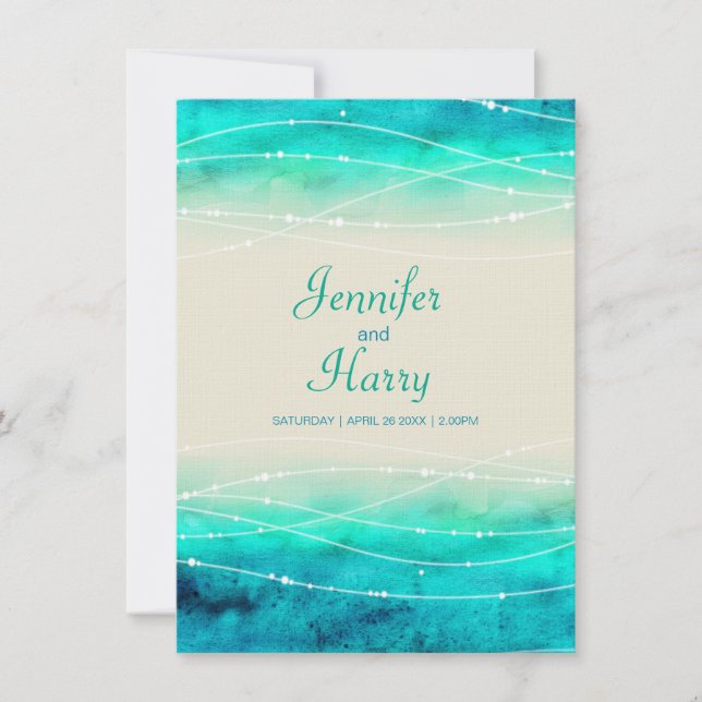 Modern painted sparkle seas and beach wedding invitation (Front)
