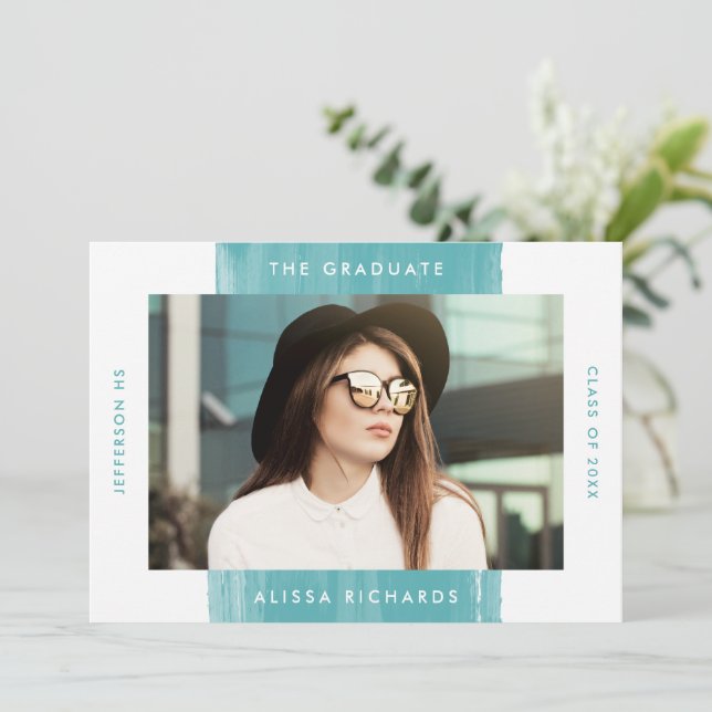 Modern Painted Teal Photo Graduation Party Invitation (Standing Front)