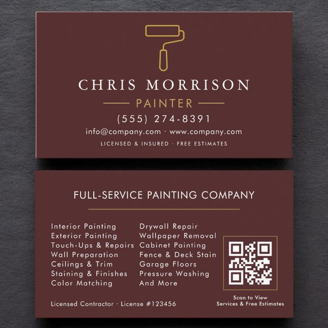 Modern Painter Burgundy Gold QR Code Business Card (Creator Uploaded)