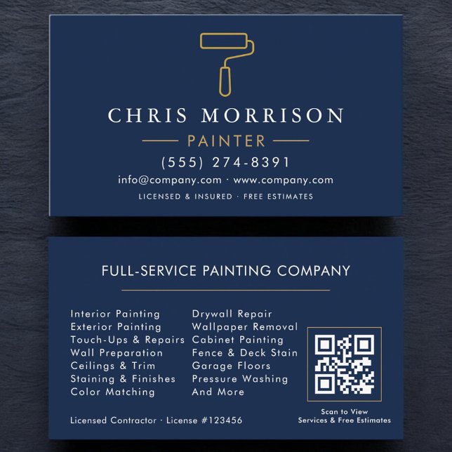 Modern Painter Navy Blue Gold QR Code Business Card (Creator Uploaded)