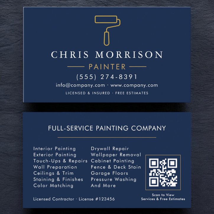 Modern Painter Navy Blue Gold QR Code Business Card