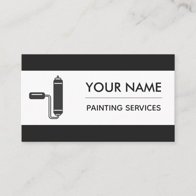 Modern Painter Paint Roller Brush Black & White Business Card (Front)