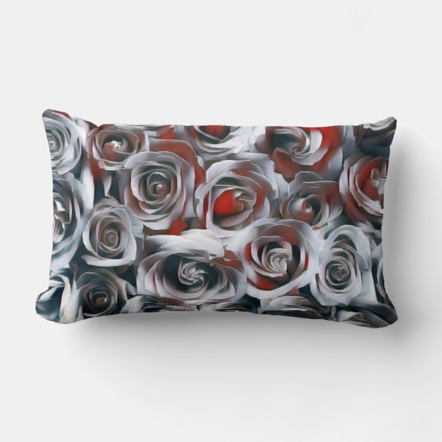 Modern Painting Black White Silver and Red Roses Lumbar Pillow (Front)