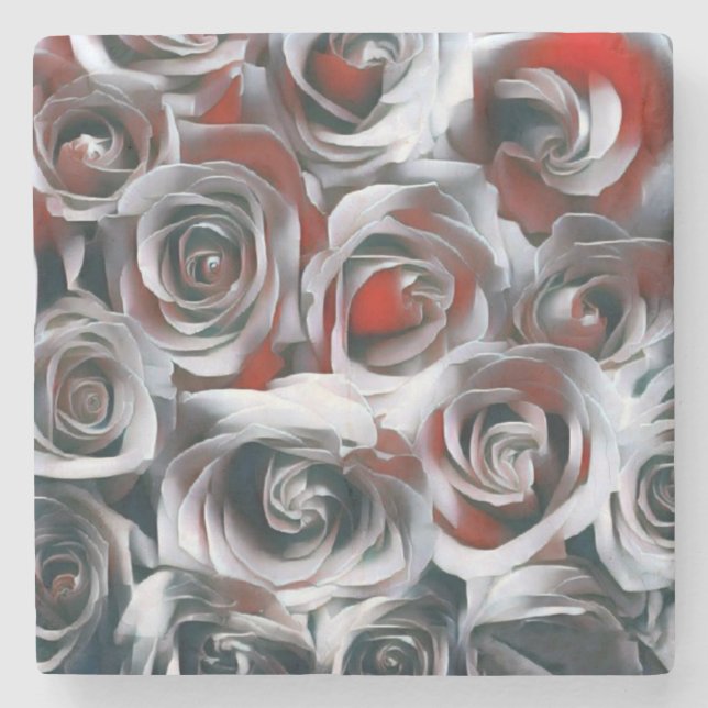 Modern Painting Black White Silver and Red Roses Stone Coaster (Front)
