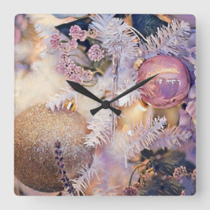 Modern Painting Christmas Tree Purple Decorations Square Wall Clock