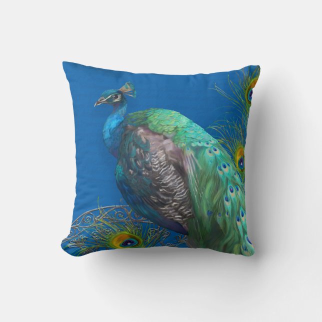 Modern Painting Peacock Tail Feathers Royal Blue Throw Pillow (Front)