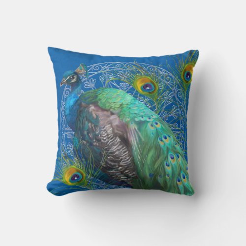 Modern Painting Peacock Tail Feathers Royal Blue Throw Pillow