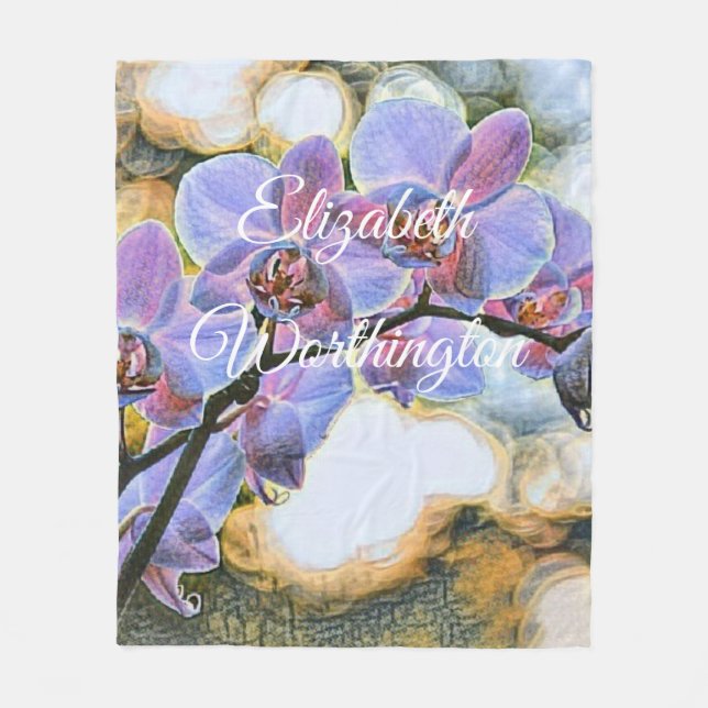 Modern Painting Purple Blue Orchid Flowers Fleece Blanket (Front)