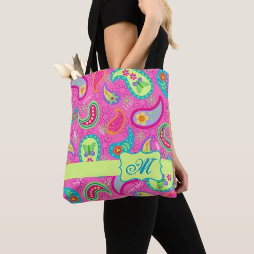 Modern Paisley Bright Pink Monogram Personalized Tote Bag