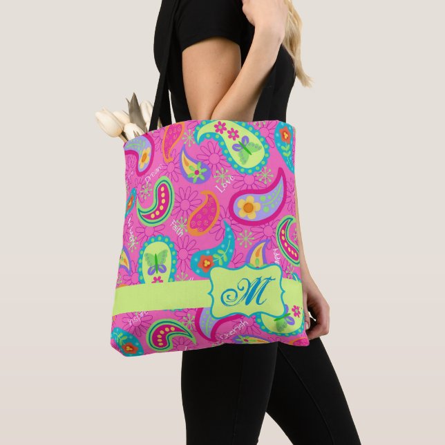 Modern Paisley Bright Pink Monogram Personalized Tote Bag (Close Up)