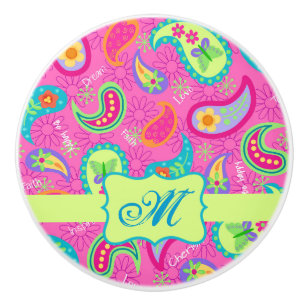 Modern Paisley Hot Pink Monogram Personalized  Ceramic Knob