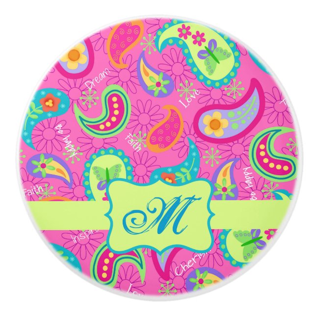 Modern Paisley Hot Pink Monogram Personalized  Ceramic Knob (Front)