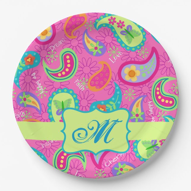 Modern Paisley Hot Pink Monogram Personalized  Paper Plates (Front)