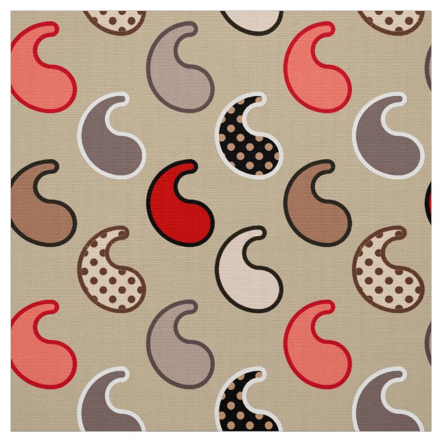 Modern Paisley pattern, Beige, Red, Gray and Coral Fabric (Swatch)