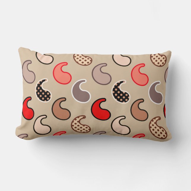 Modern Paisley pattern, Beige, Red, Gray and Coral Lumbar Pillow (Front)