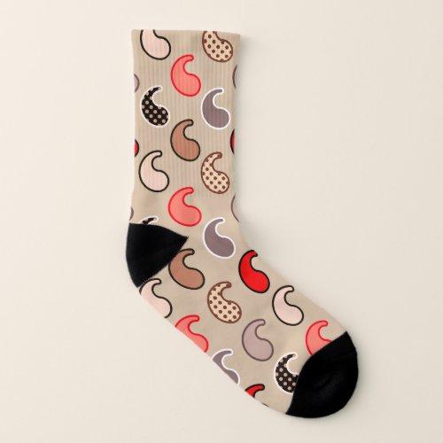 Modern Paisley pattern Beige Red Gray and Coral Socks
