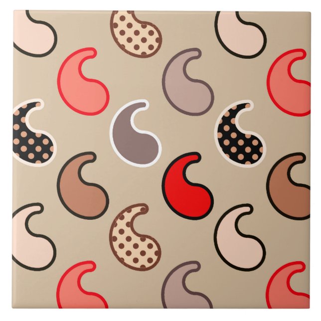 Modern Paisley pattern, Beige, Red, Gray and Coral Tile (Front)