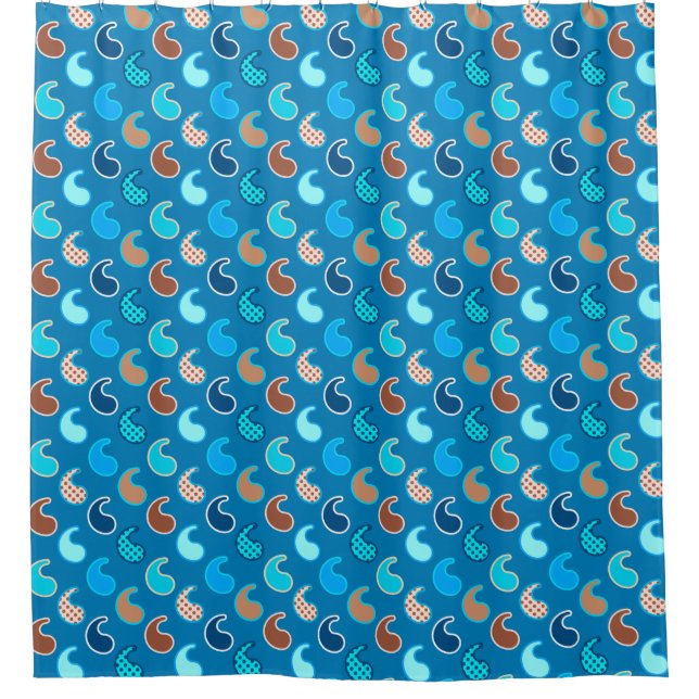 Modern Paisley pattern, Cerulean Blue, Tan & Aqua Shower Curtain (Front)