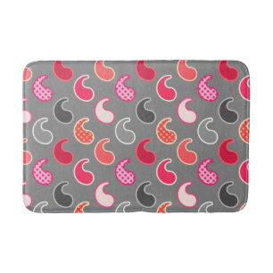 Modern Paisley pattern, Coral, Pink on Gray / Grey Bathroom Mat