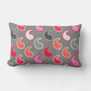 Modern Paisley pattern, Coral, Pink on Gray / Grey Lumbar Pillow