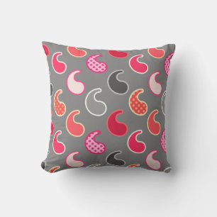 Modern Paisley pattern, Coral, Pink on Gray / Grey Throw Pillow