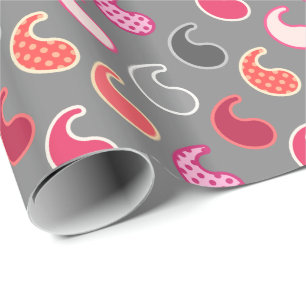 Modern Paisley pattern, Coral, Pink on Gray / Grey Wrapping Paper