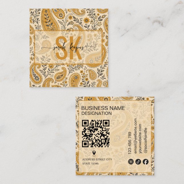 Modern paisley pattern monogram Qr Code Square Business Card (Front/Back)