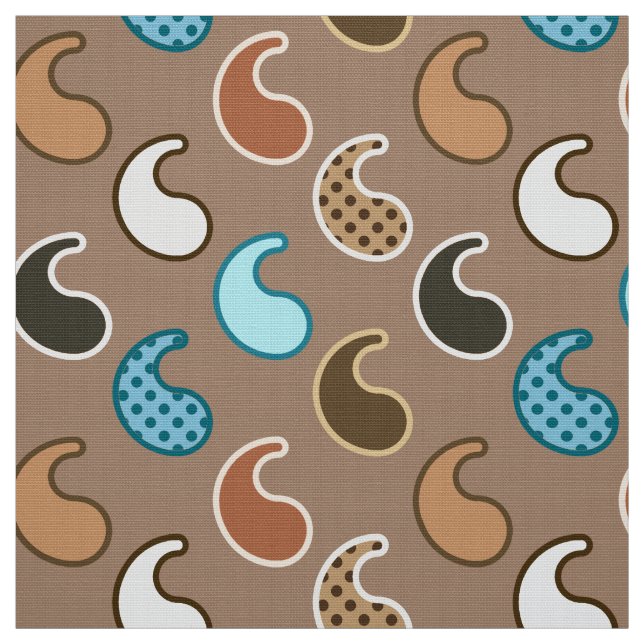 Modern Paisley pattern, Taupe, Turquoise and Rust Fabric (Swatch)