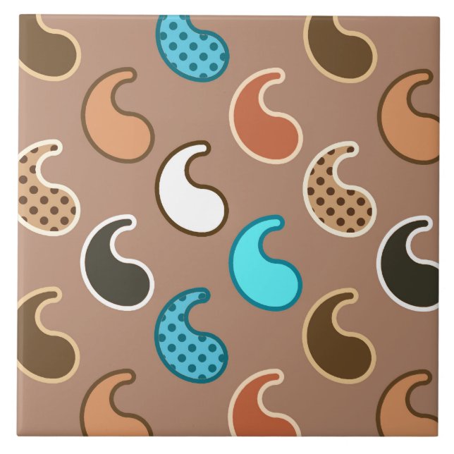Modern Paisley pattern, Taupe, Turquoise and Rust Tile (Front)