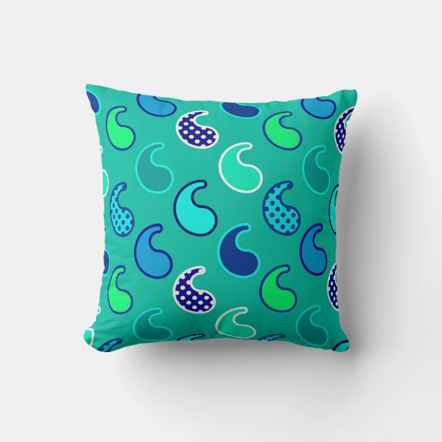 Modern Paisley pattern, Turquoise, Blue and Aqua Throw Pillow (Front)