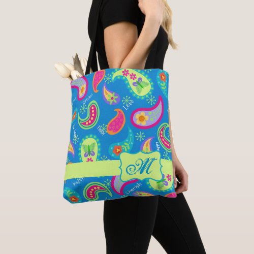 Modern Paisley Teal Blue Monogram Personalized Tote Bag