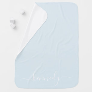 Modern pale blue and white script name reversible baby blanket