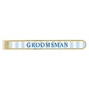Modern Pale Blue and White Stripe Groomsman Gold Finish Tie Bar
