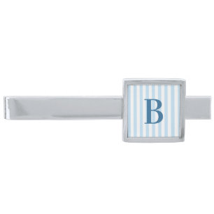 Modern Pale Blue and White Stripe Monogram Silver Finish Tie Bar