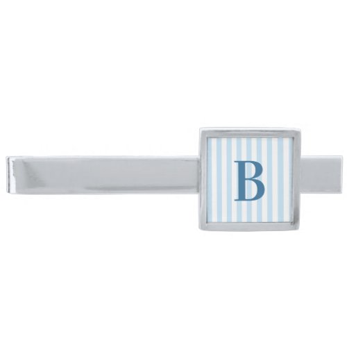Modern Pale Blue and White Stripe Monogram Silver Finish Tie Bar