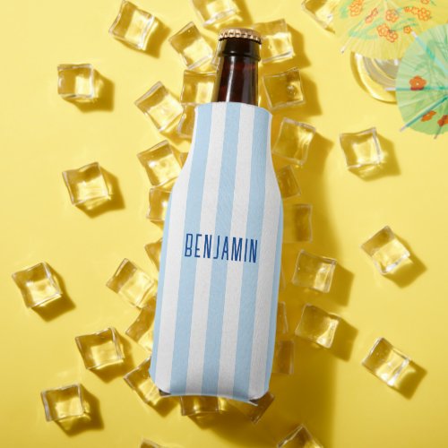 Modern Pale Blue and White Stripe Name Bottle Cooler