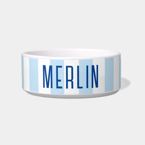 Modern Pale Blue and White Stripe Name Bowl