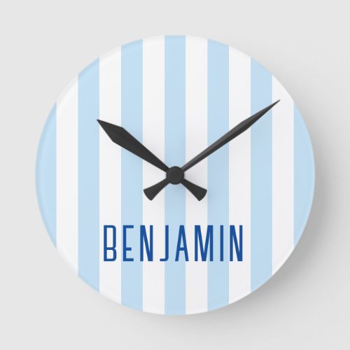 Modern Pale Blue and White Stripe Name Round Clock