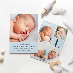 Modern Pale Blue Baby Boy Photo Collage Birth Announcement